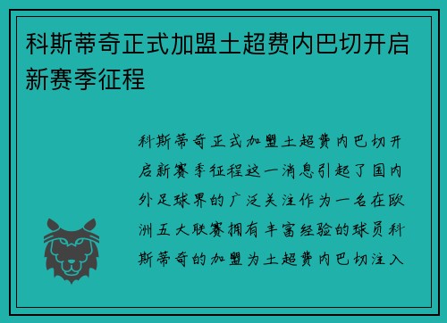 科斯蒂奇正式加盟土超费内巴切开启新赛季征程